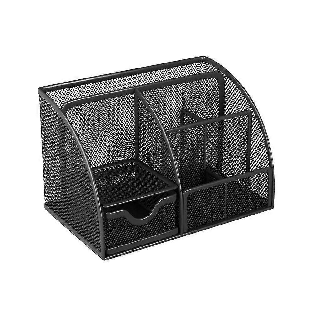 Desk Organizer With 6 Compartments And 1 Drawer, Pen Holder, Black Metal Mesh
