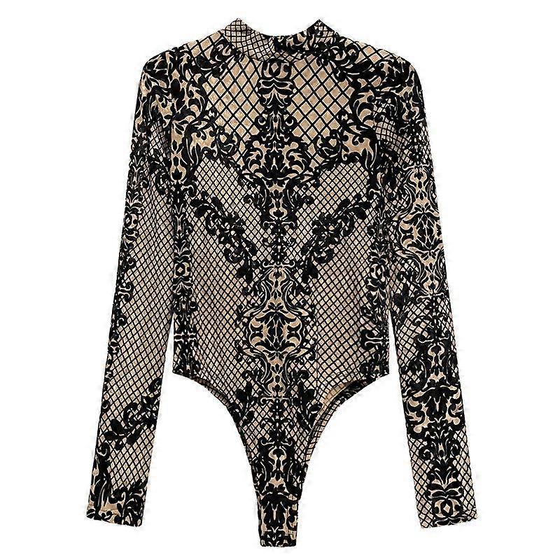 Women's Lace Sheer V Neck Long Sleeve T Shirts Tops Bodysuit Jumpsuit Bodycon Rompers Fall Clothes Clubwear Bodysuits