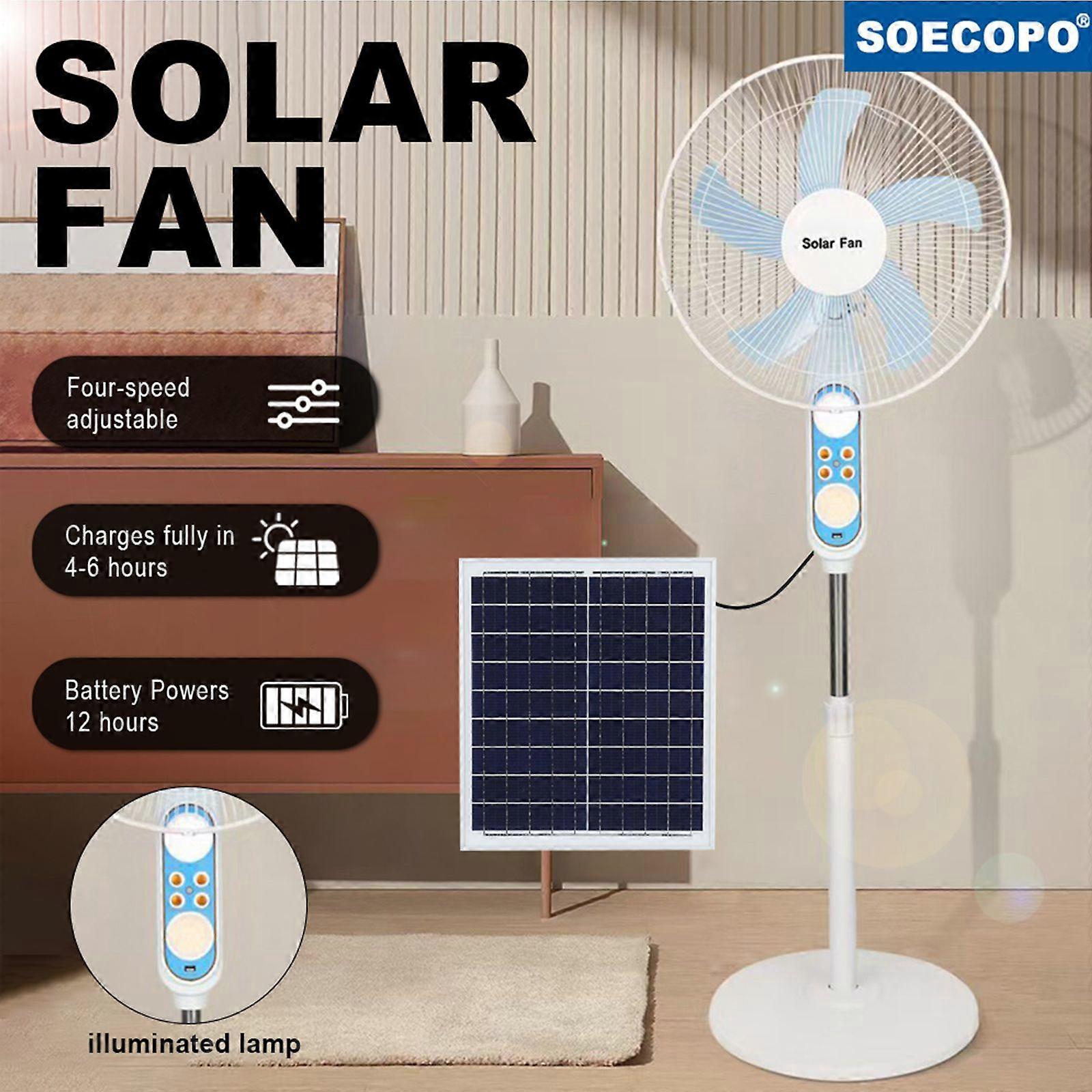Remote Control Solar Floor Fan 4 Speeds & Bug Light Rechargeable Battery