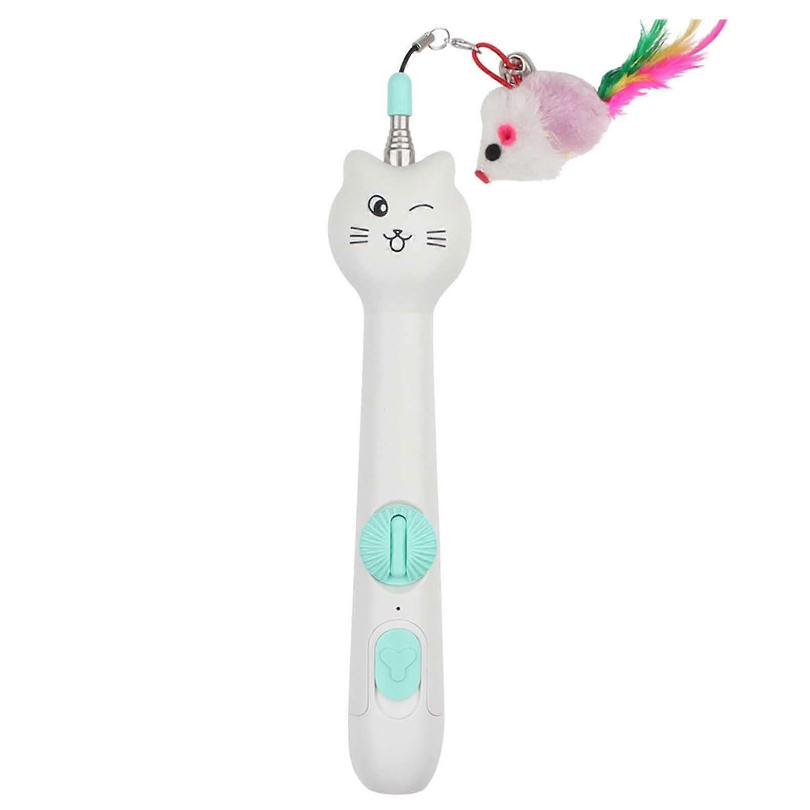 Cat Play Cat Toy, Retractable Wand with Feathers, 3in1 Pointer, 5 Modes (Green)