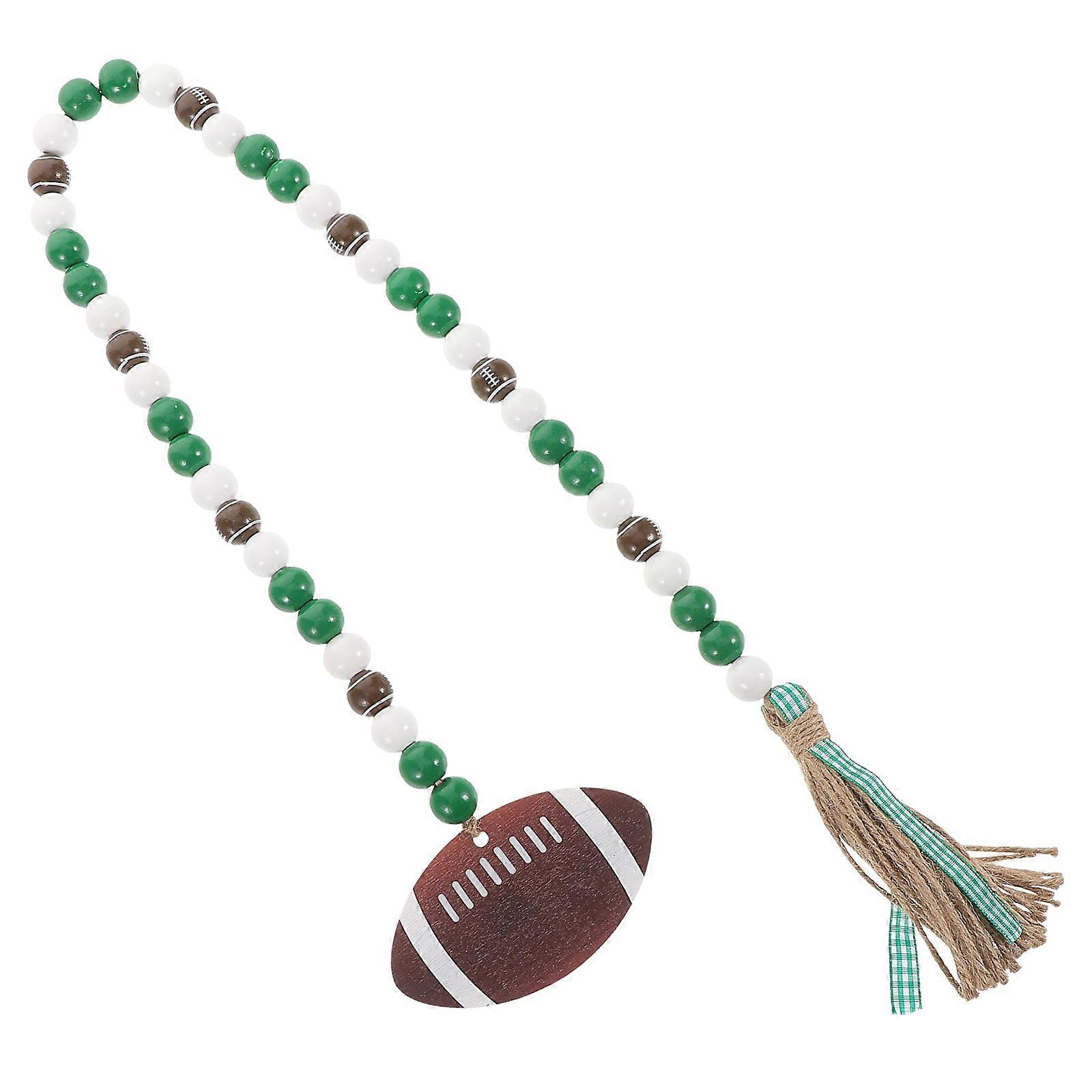 Wooden Rugby Beaded Hanging Decor with Tassel and Tag – Rustic Handmade Garland for Wall and Home Decoration, Elegant Boho Style String