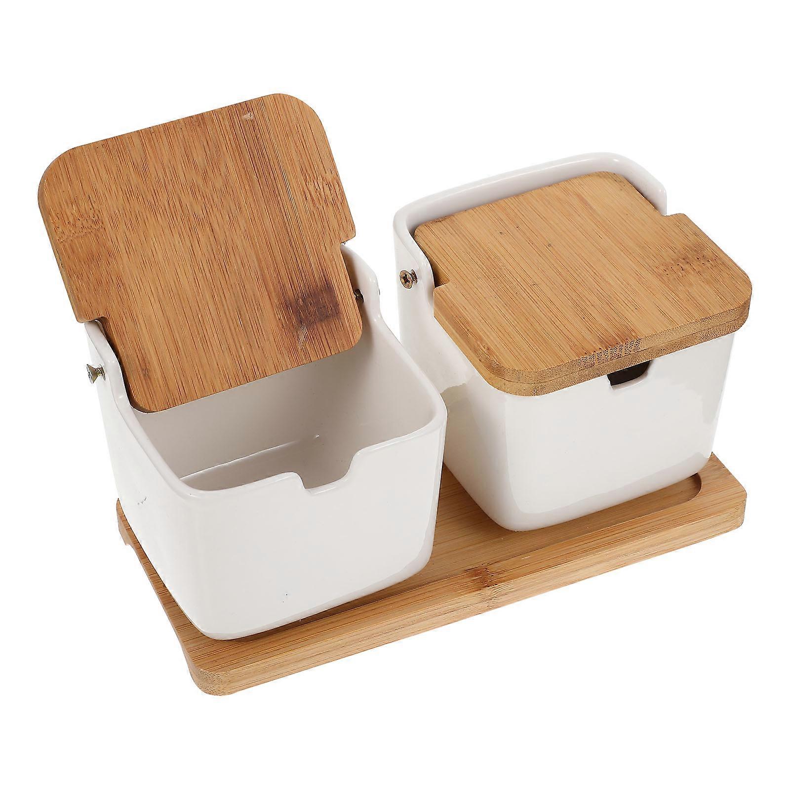 White Ceramic Salt Container with Large Capacity for Storage Easy to Clean and Reuse 1 set