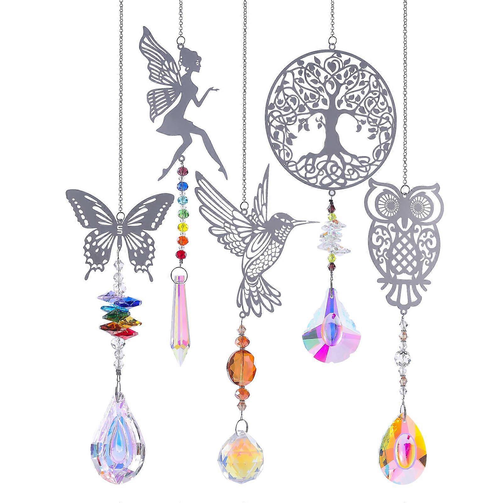 Sun Catcher Wind Chime Set of 5 - Hummingbird, Fairy, Butterfly, Owl, Tree - Weatherproof Hanging Garden Decoration
