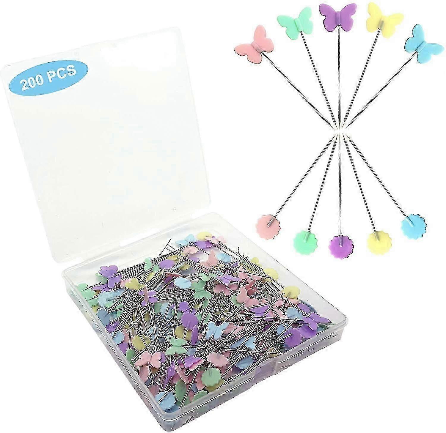 200pcs épingles à coudre Épingles droites à tête plate avec papillon coloré et têtes de fleur, longues épingles de courtepointe de 2,16 pouces adaptées à l’artisanat