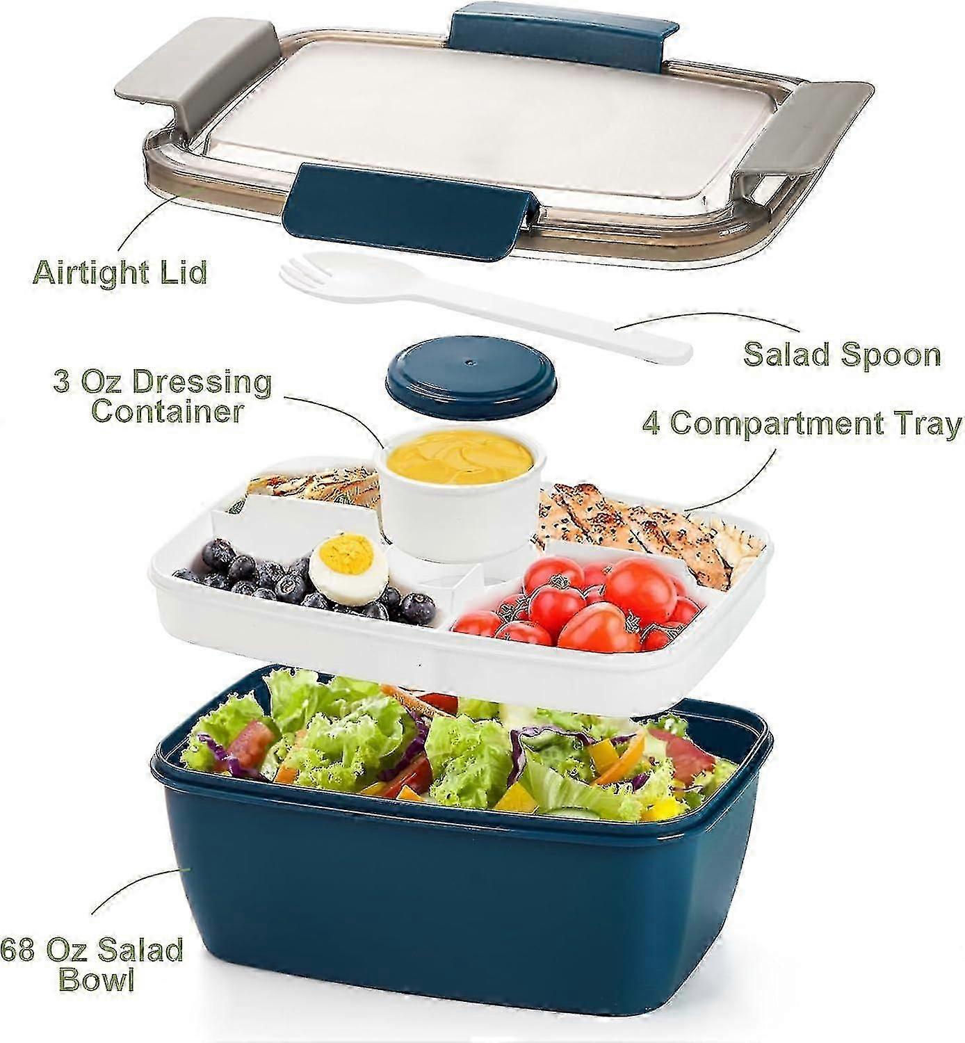 3 Pcs Salad Lunch Container with 4 Compartment Tray, Bento Lunch Box with Spoon & Dressing Cup