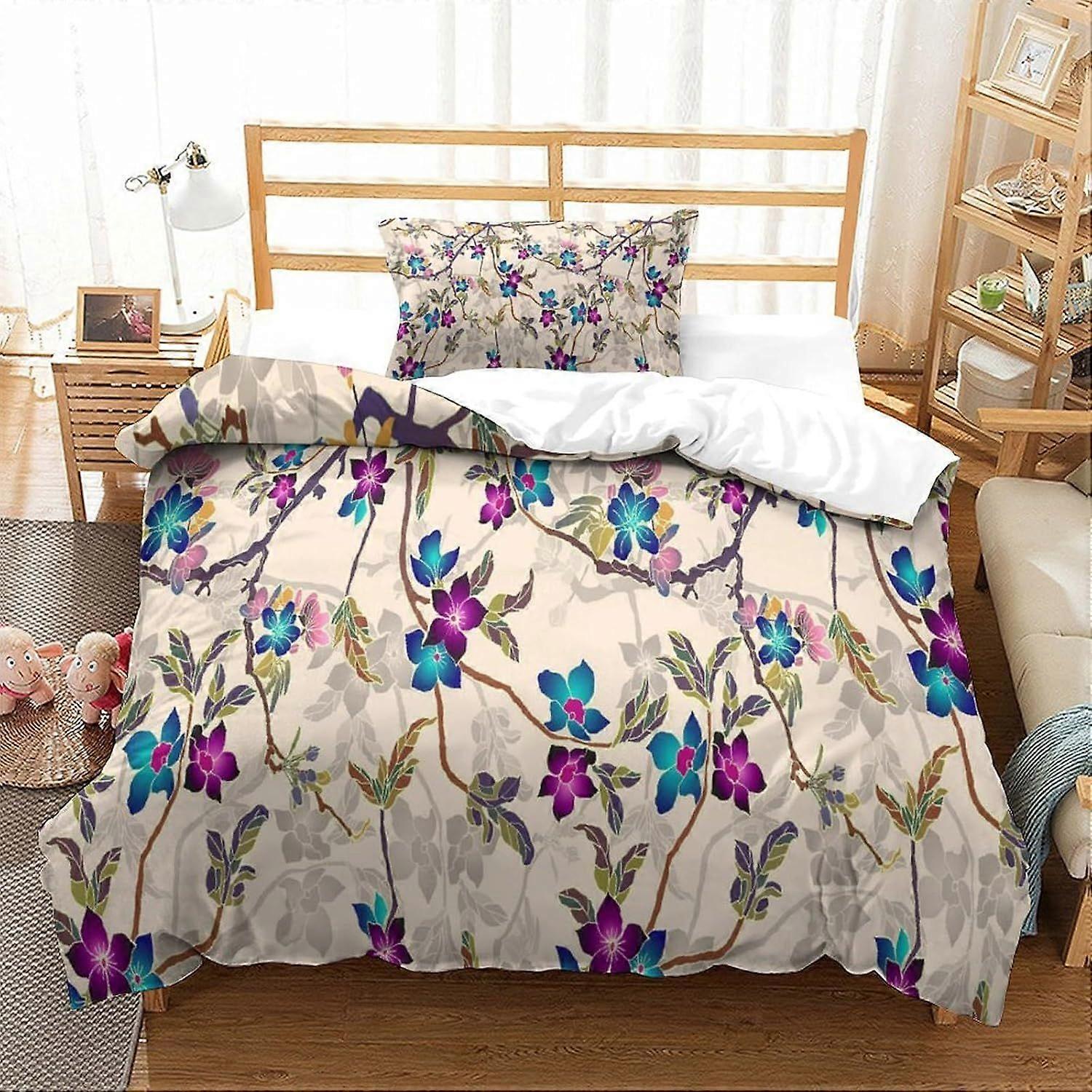 Bedding Floral Printed Bedding Set King Size Duvet Cover Super Soft Breathable Microfiber Quilt Cover with Pillowcase with Zipeer Closure Hypoallergen