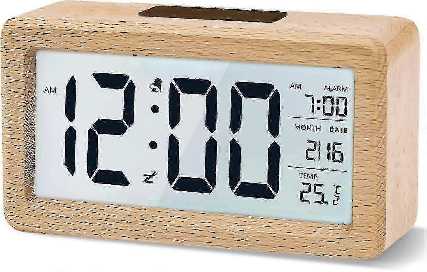 Wooden Digital Alarm Clock with LCD Display, Temperature, Snooze, and Sensor Light