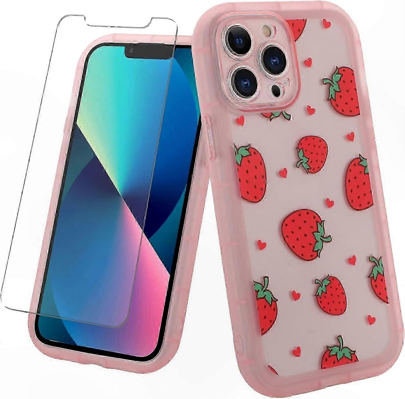 Cute Strawberry Pattern Phone Case for XR, Soft TPU Cover with Camera Protection, Includes 1 Screen Protector, Pink