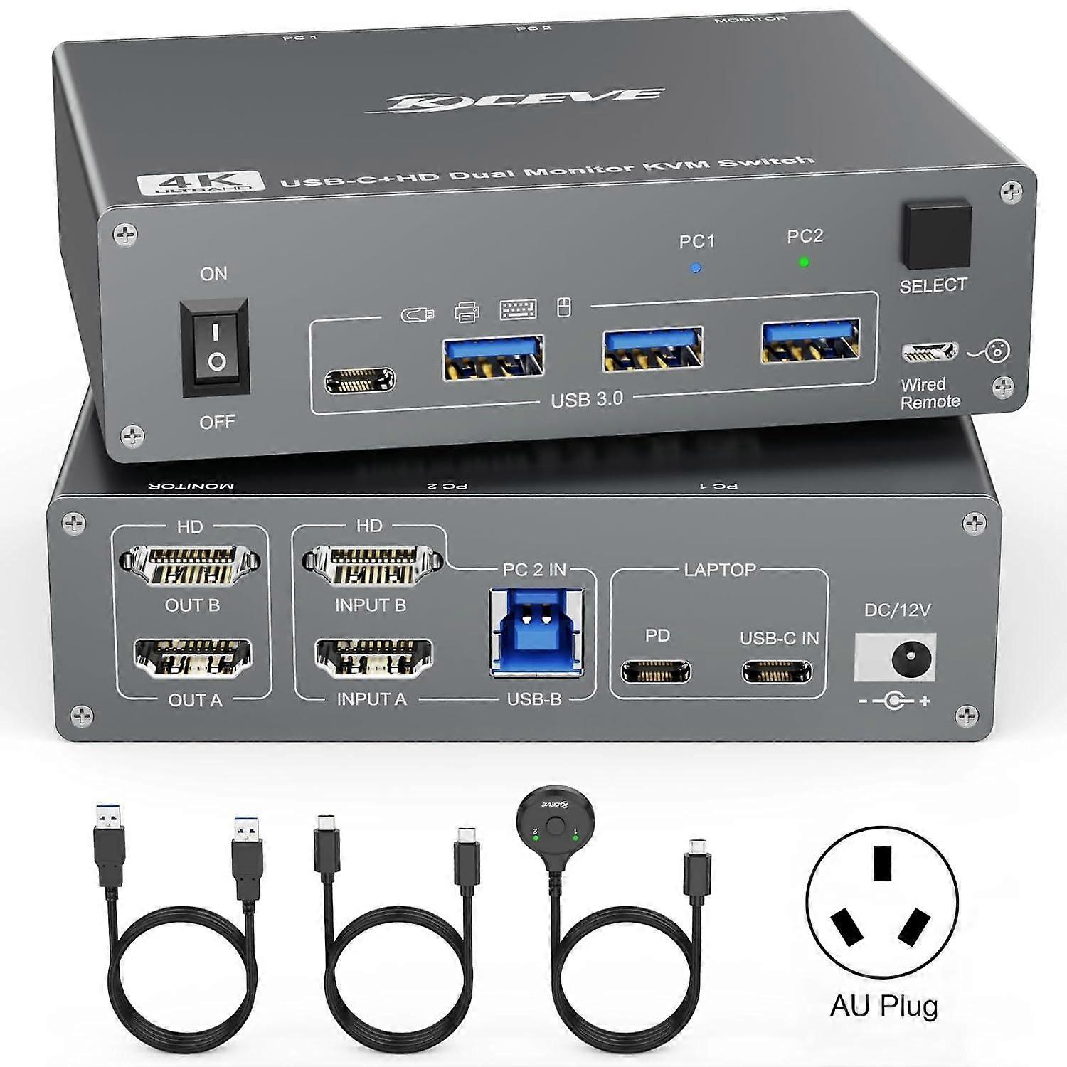 USB 3.0 Dual Monitor 4K 60Hz KVM Switch AU Plug