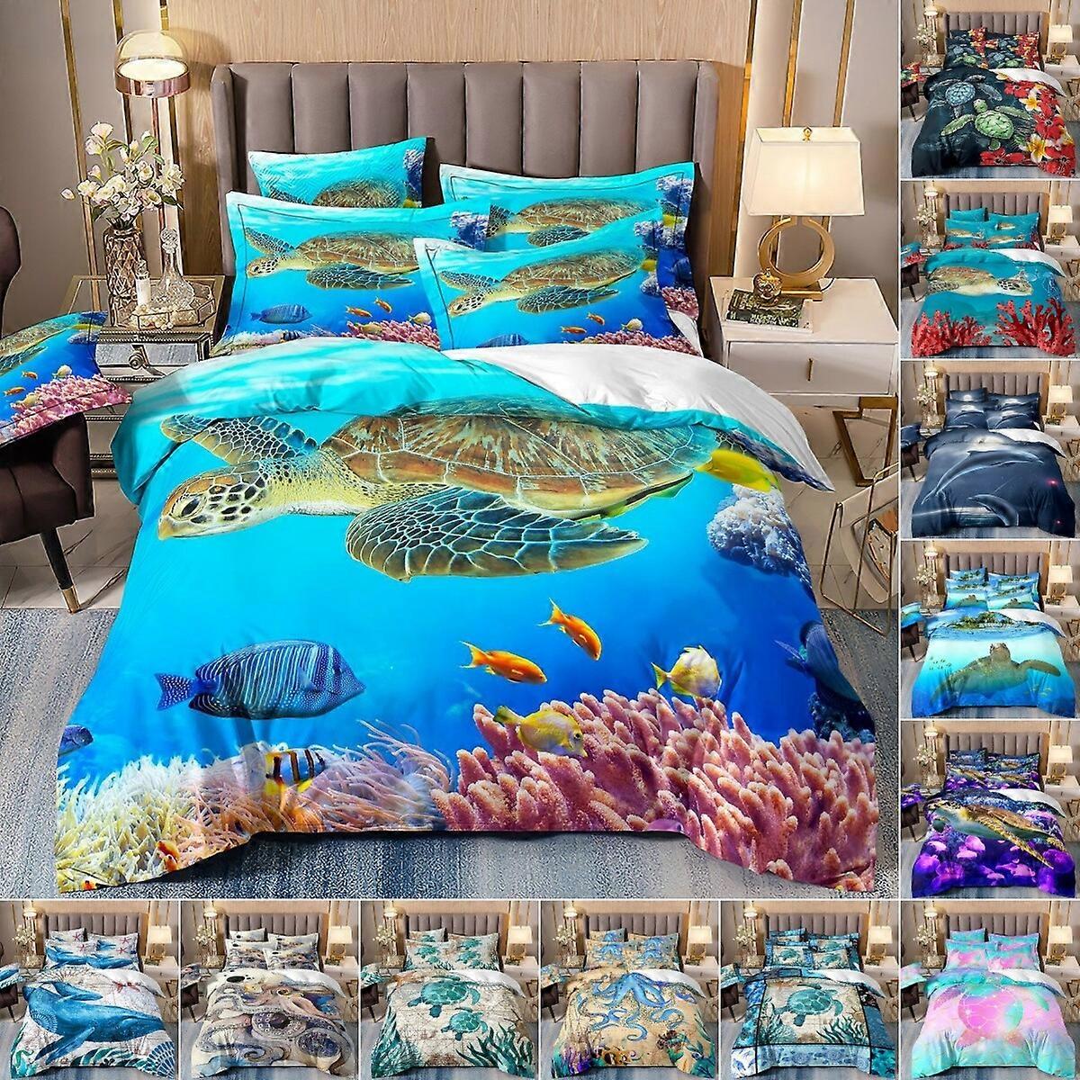 Marin djur sköldpadda sängkläder set 3 delar täcke påslakan sovsal enkel dubbel#@