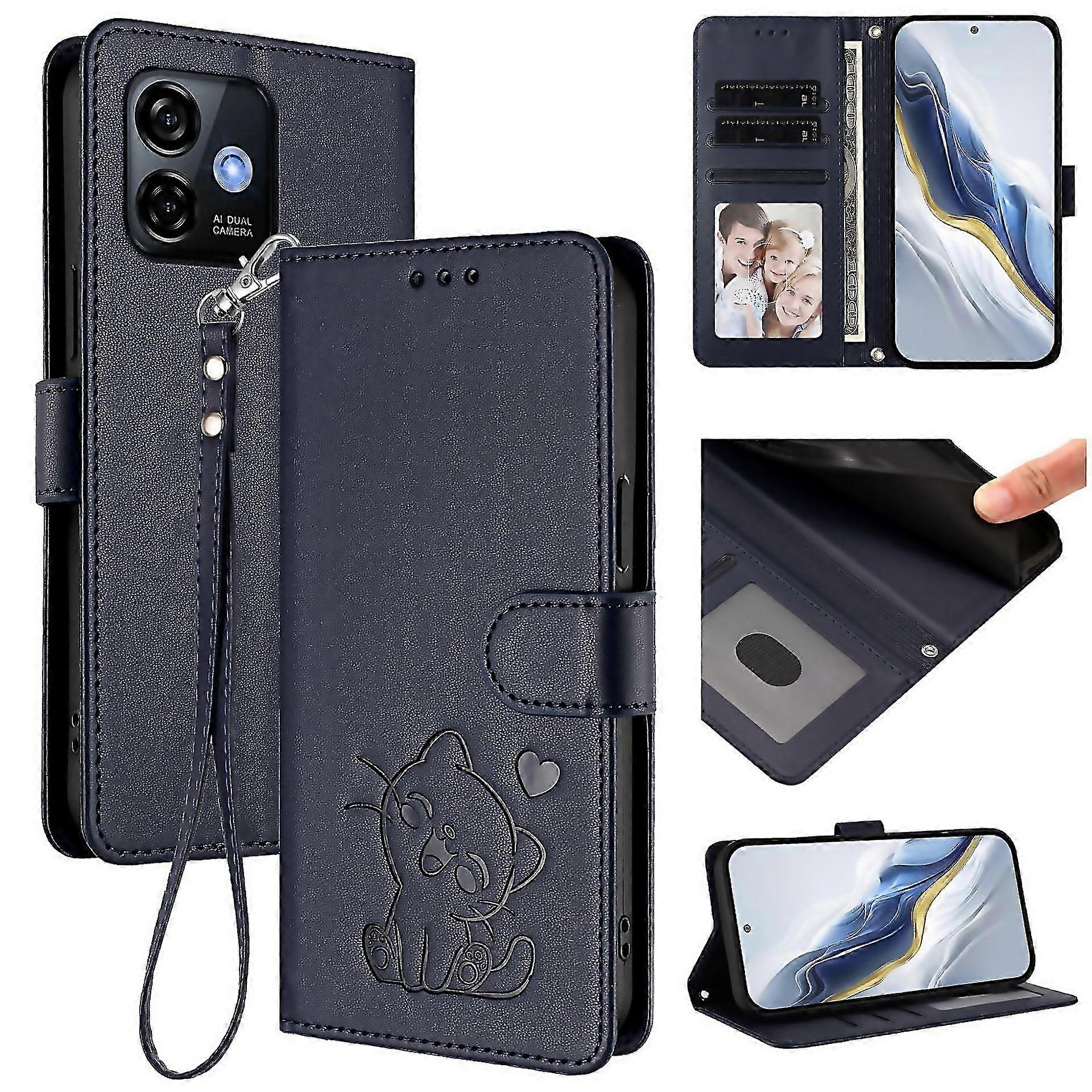 For Embossed Heart Cat Leather Phone Case With Hand Strap Suitable For Everyday Use