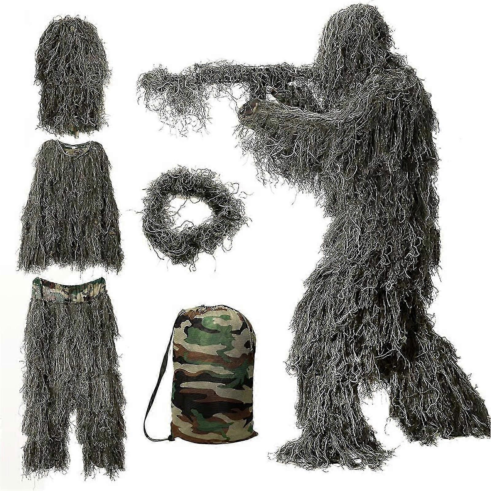 5 i 1 Ghillie Suit, 3d Kamouflage jaktkläder inklusive jacka, byxor, huva, bärväska