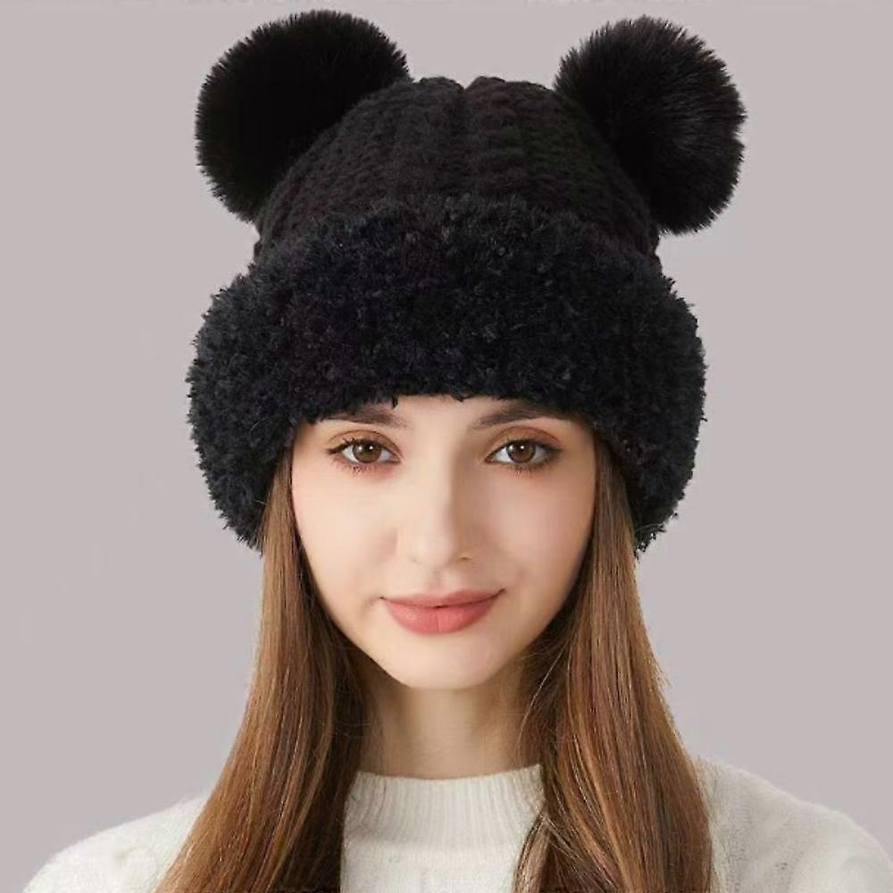 Bear Ear Design Beanie Hat Solid Color Ski Cap Cute Knitted Hat