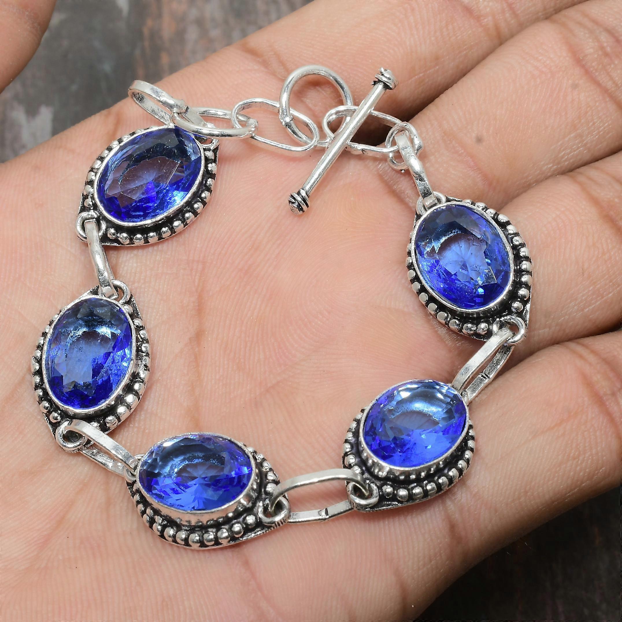 Tanzanite Quartz Gemstone Solid 925 Sterling Silver Handmade Wonderful Bracelet