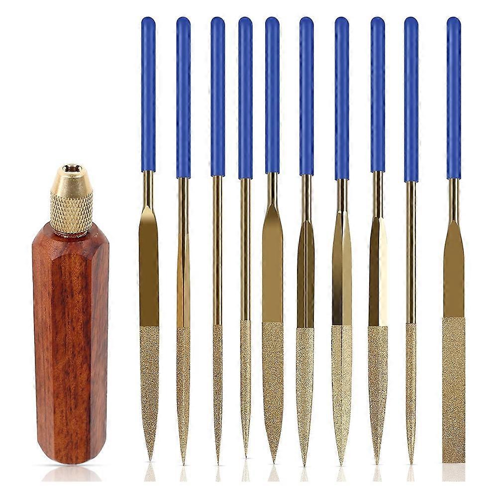 10 Pcs Needle File Set, Wooden Handles with Brass Collet Chuck, Balance Shock Absorbing Wood Handle File Round Handle