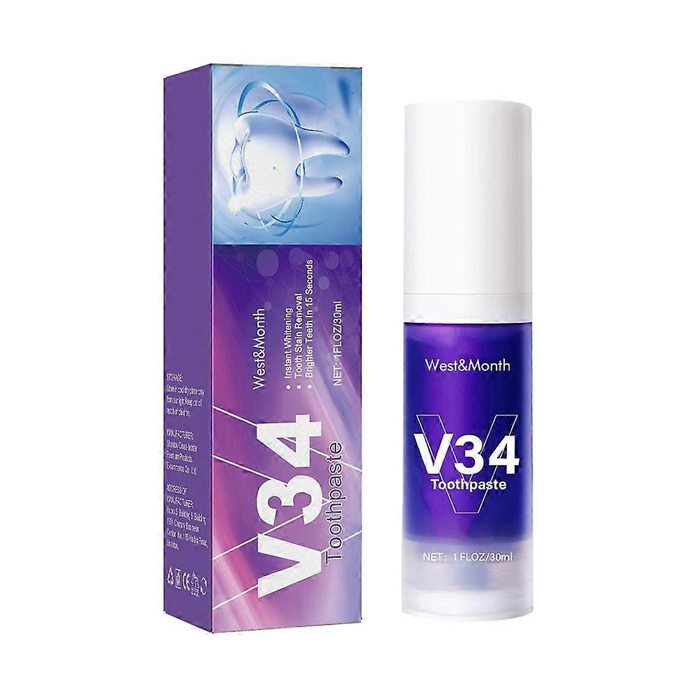 V34 Teeth Whitening Foam 30ml Instant Brightening Color Correction Formula For A Dazzling White Smile Fast Acting Stain Removal Water Soluble