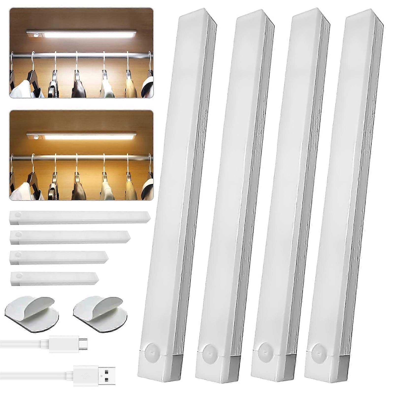LED Motion Sensor Cabinet Light, USBC Rechargeable Magnetic Mount, Warm/Natural Modes, 4pcs 19.7in