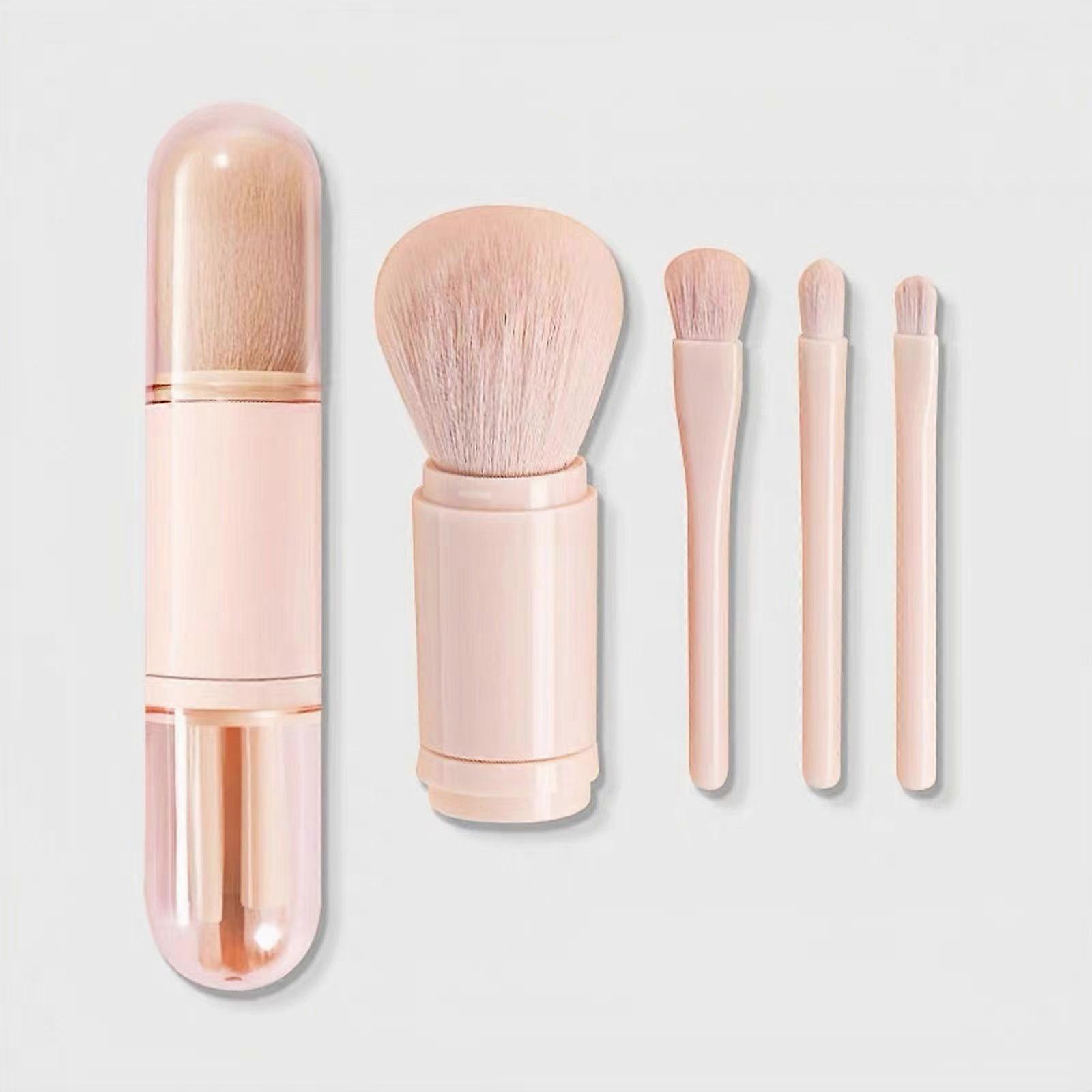 Portable, retractable, multi-functional makeup brush set with a lid, including a blush brush, a four-in-one powder and eyeshadow brush, and a mini sof