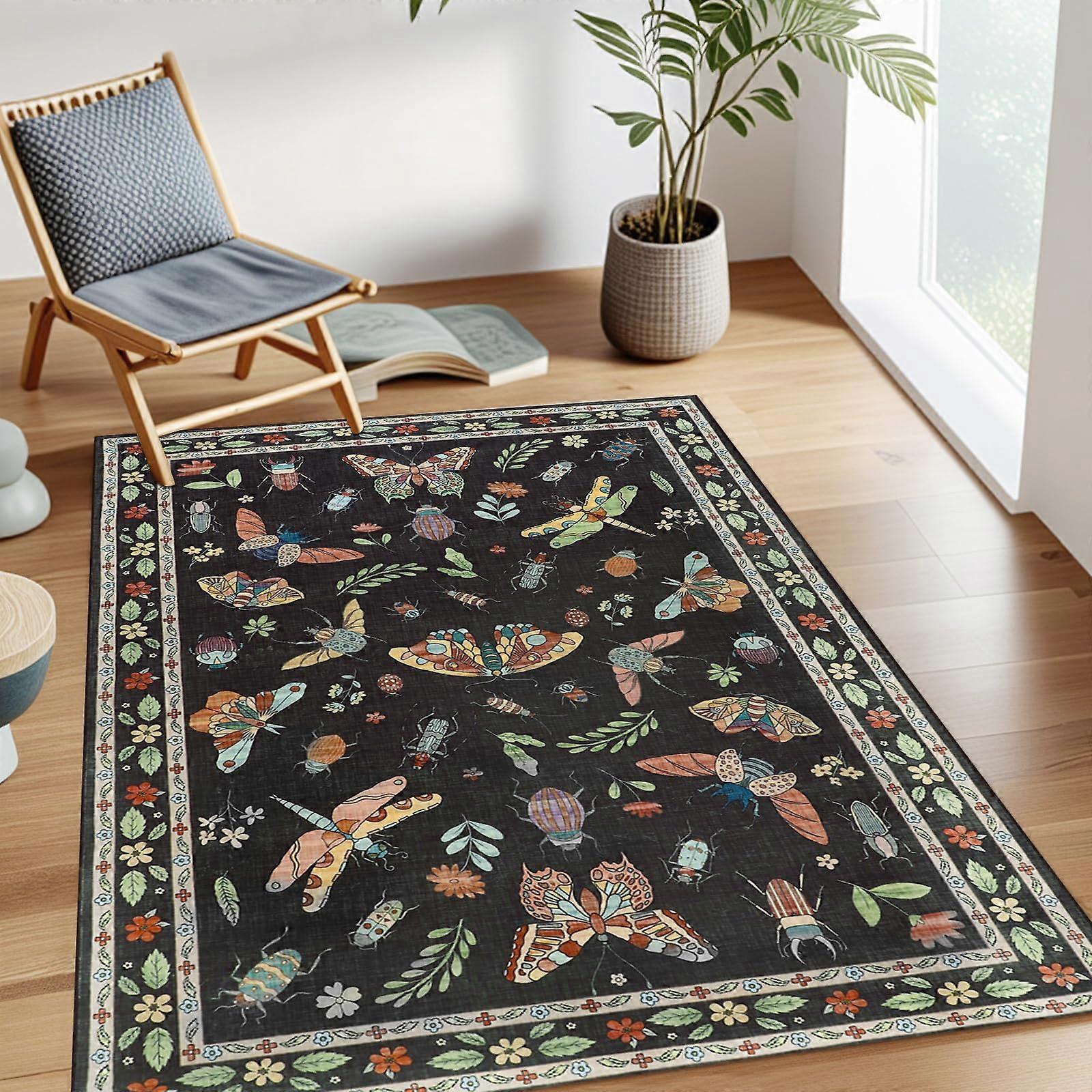3x5 Washable Area Rug with Non Slip Rubber Backing, Botanical Insect Design Low Pile for Entryway
