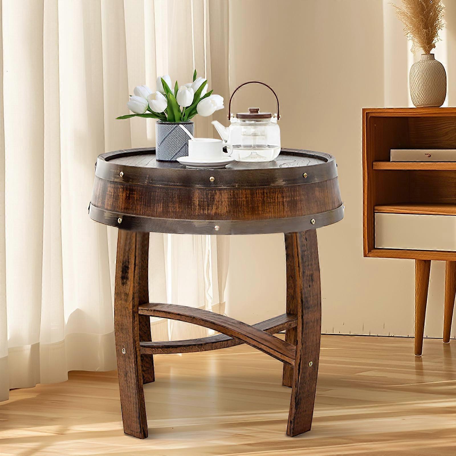 Whiskey Barrel End Table Rustic Farmhouse Solid Oak Waterproof Coffee Side Table for Patio Living Room