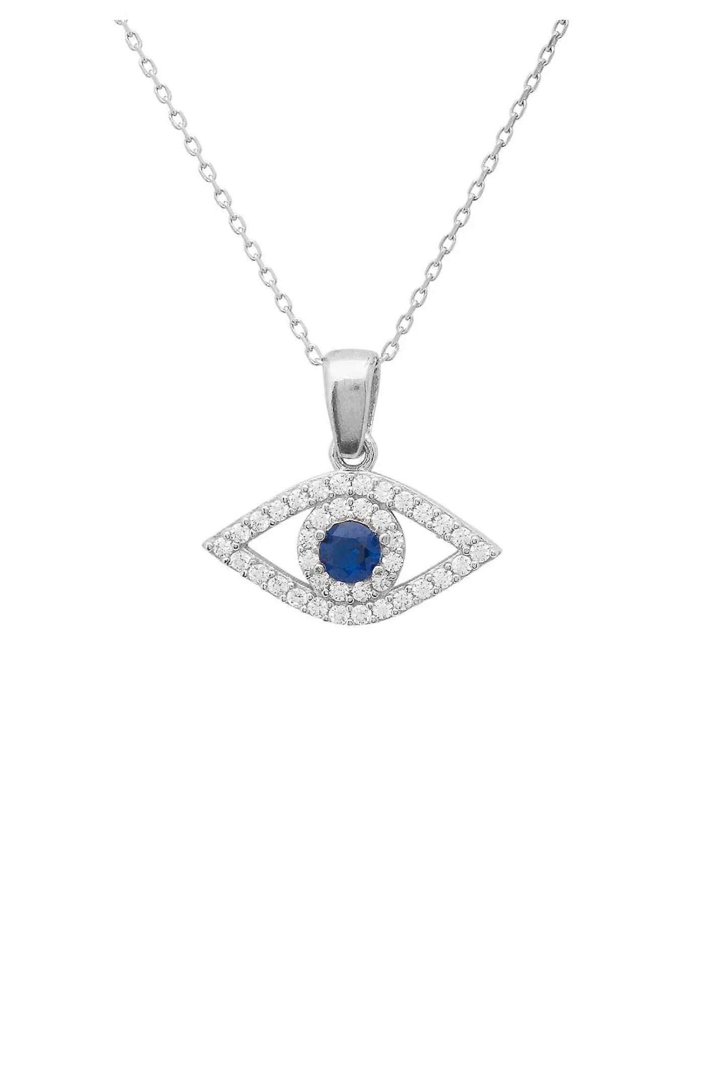 Latelita Women's 925 Sterling Silver Evil Eye Pendant Necklace with Blue Sapphire Zircon and White Zircon Edging - Size 40-43cm