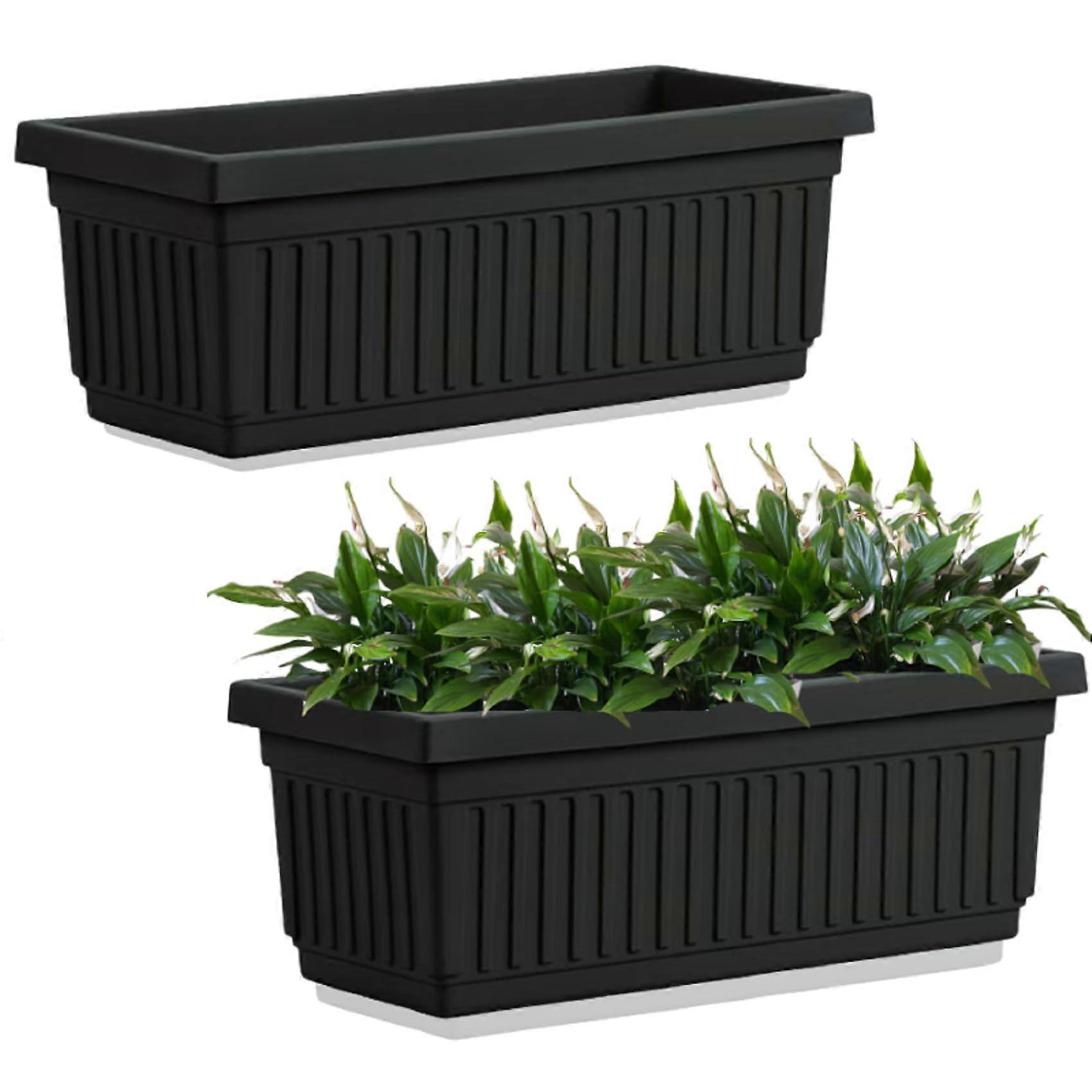 2x Large Plastic Trough Planter 70cm Rectangular Black Window Box with Drainage Rippled Finish