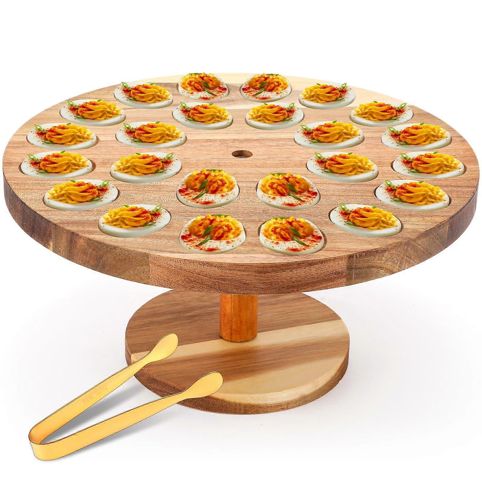 Deviled Egg Tray 24 Hole Wooden DoubleSided Serving Platter with Gold Tong for Holidays