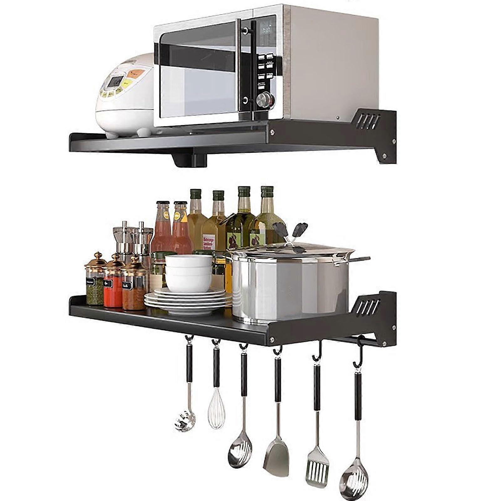 Wall Mounted Microwave Shelf with Slidable Hooks, Double Layer Carbon Steel Kitchen Storage Rack (Black)
