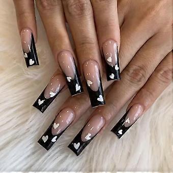 24Pcs Valentine's Day Press On Nails Long Coffin French Tip Acrylic Set with White Heart Design