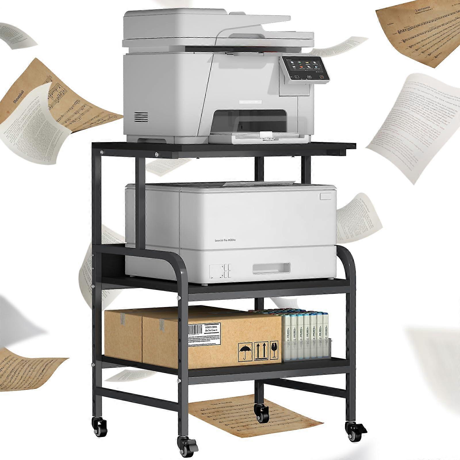 Heavy Duty Rolling Printer Stand with Adjustable Storage Shelf for Office, Black Ebony