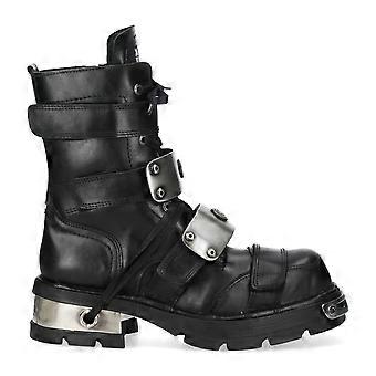 Bottes motardes montantes New Rock MET048-C9 en cuir noir métallisé, style gothique punk rock.
