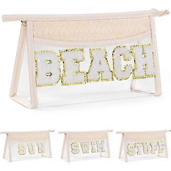 Boho Patch STRANDSminkväska, genomskinlig PVC-necessär för resor, vattentät strandväska för kvinnor, liten chenillebokstäverväska med dragkedja för strandresor