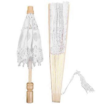 White Lace Umbrella and Fan for Wedding Photography Props 1Set Lightweight