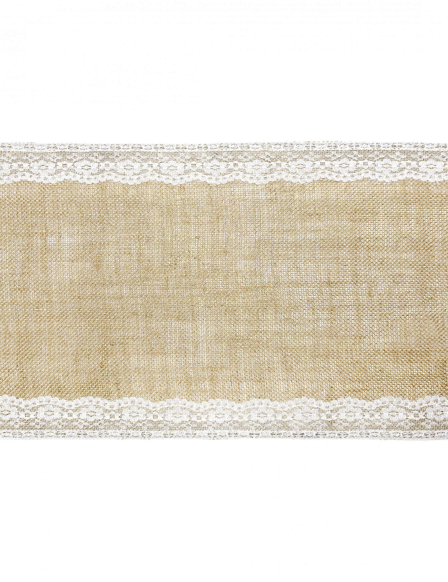 Jute table runner with lace borders 28 cm x 2.75 m