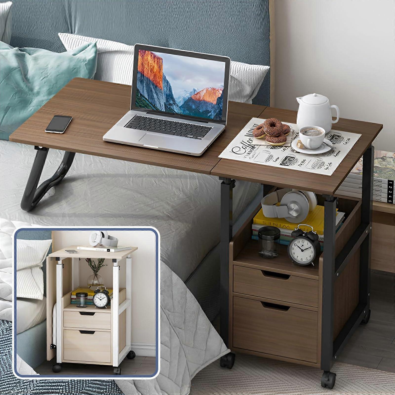 Foldable Overbed Table with Wheels, Adjustable Height, Dark Brown for Living Room