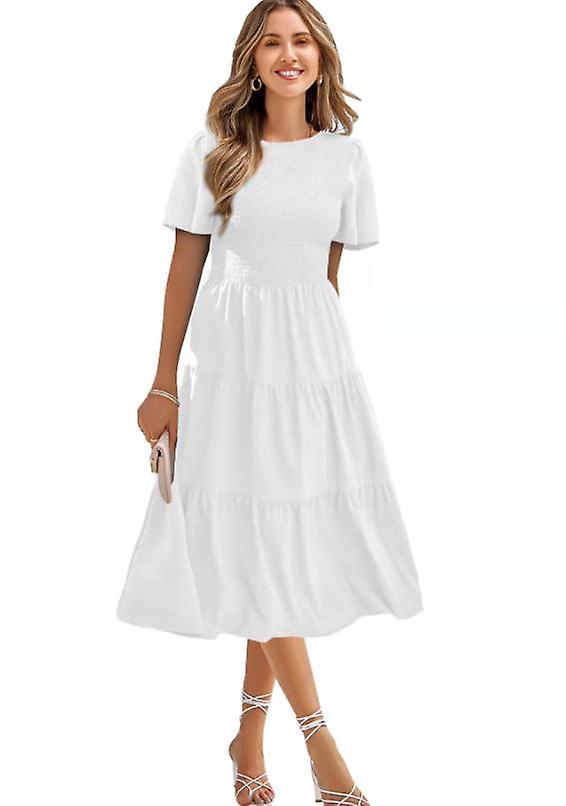 Spring/Summer round neck, waist-skimming dress with large hem