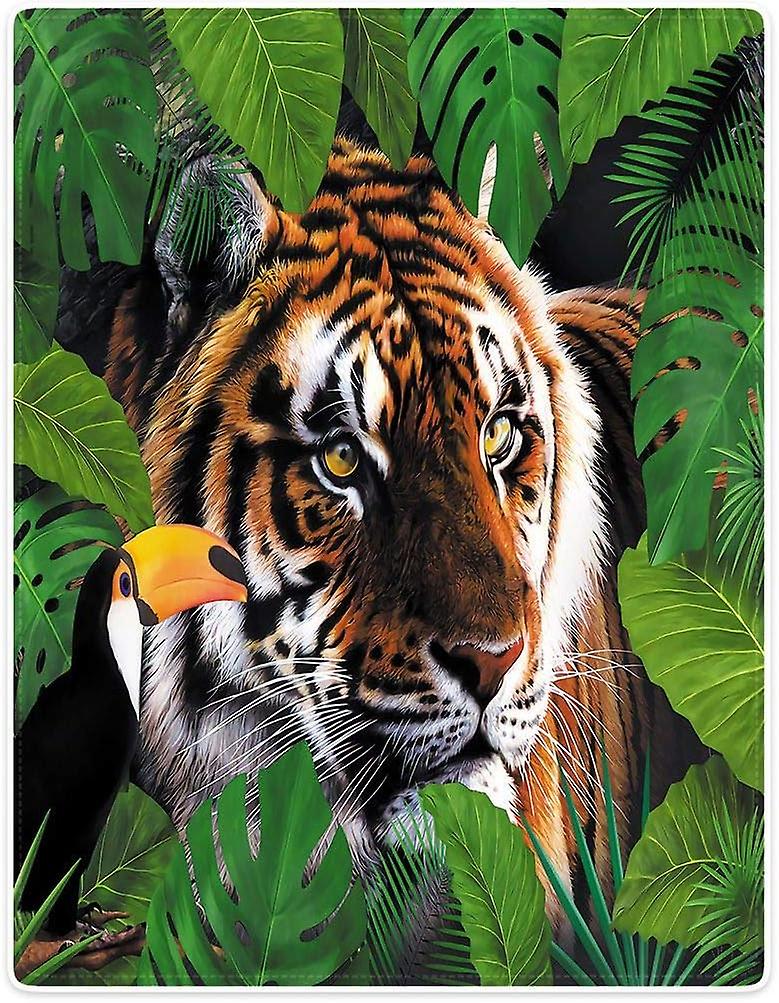 Soft Flannel Fleece Blanket Throw for Bed SofaGreen Leaf Tiger
