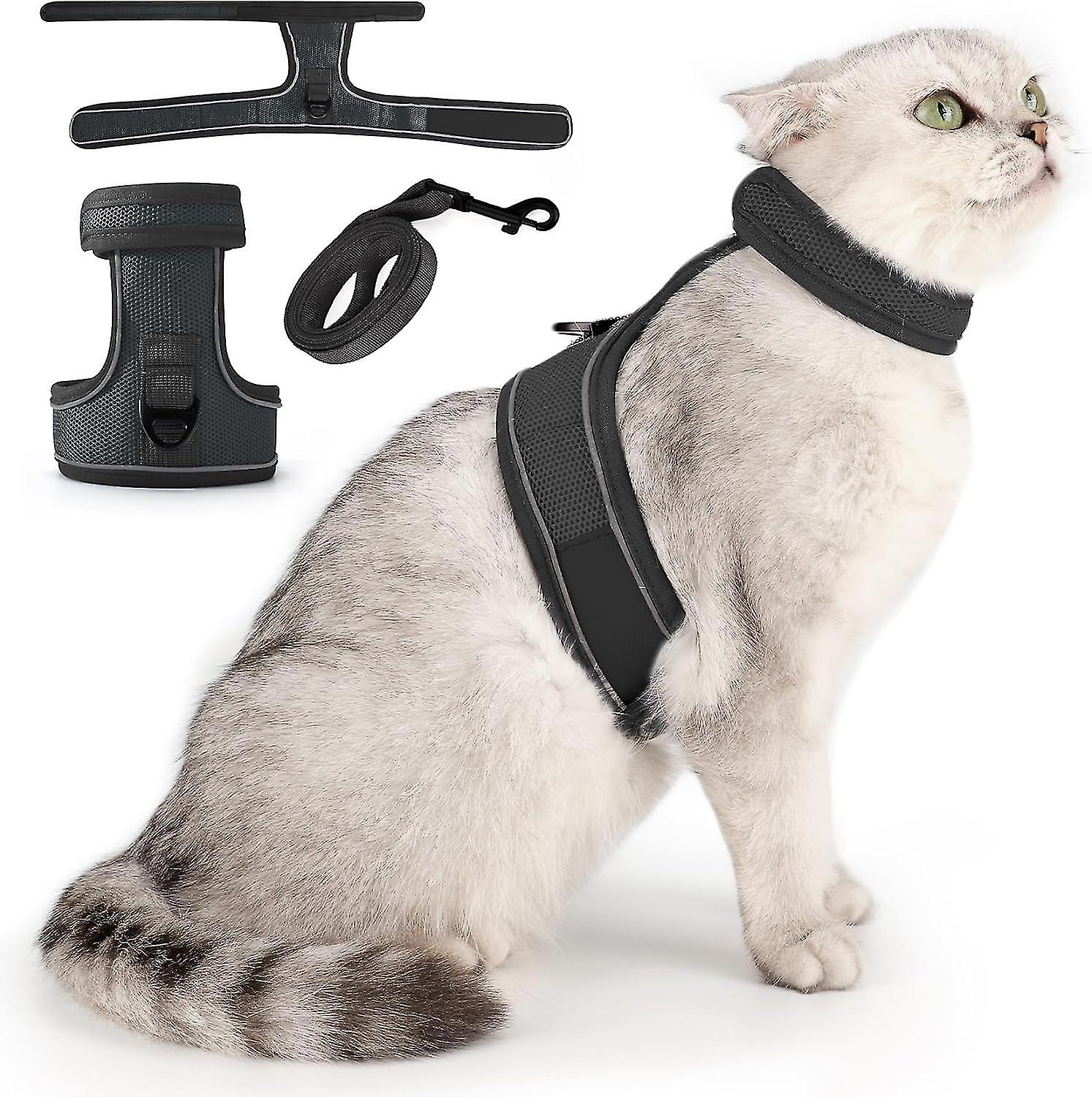 Cat Harness and Leash Set, Dual Adjustable Magic Tapes Escape Proof Kitten Harness, Outdoor Walking Soft Cat Harness with Reflective Strip