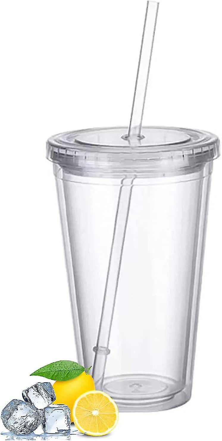 Reusable Plastic Cups,acsergery Double-walled Transparent Drinking Cup With Straw