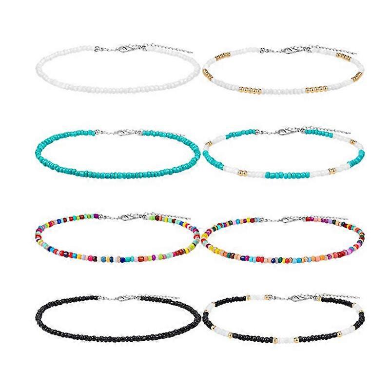 8Pcs Handmade Beaded Anklets for Women Girls Boho Colorful Beads Ankle Bracelets Adjustable Foot Anklet Set