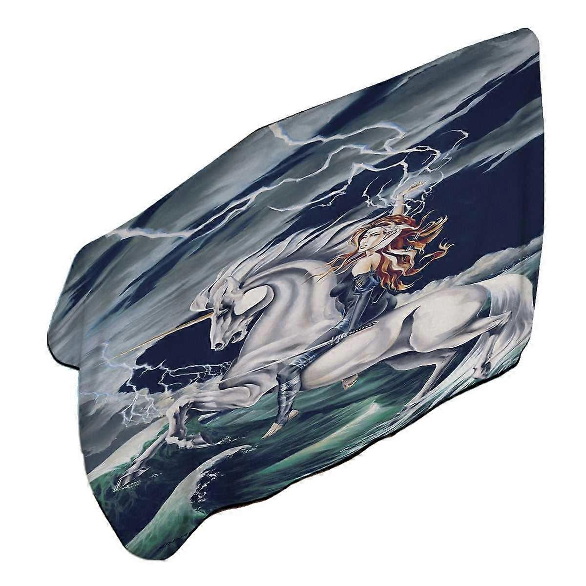 Rolling Thunder Ocean Unicorn and Female Warrior Microfiber Beach Towel