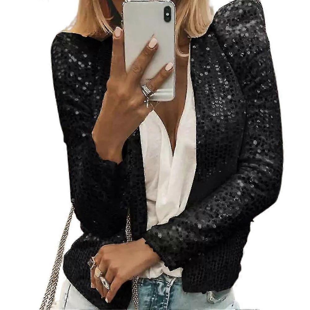Femei \ 's Sequin Jacket Open Front Casual long sleeve Cardigan Coat Collarless Glitter Short Jacket