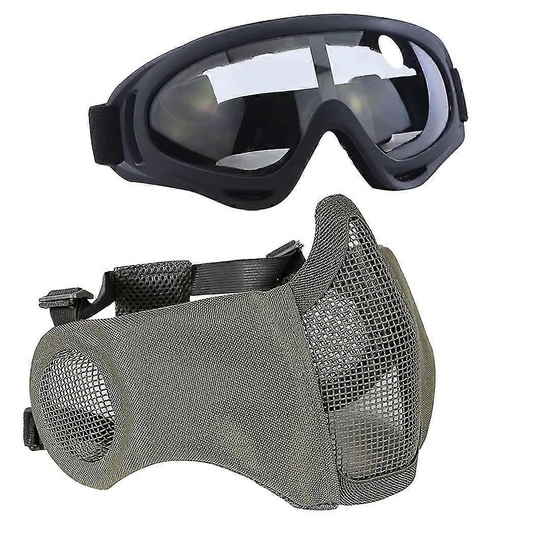 Airsoft Protective Kit With Mesh Half Mask With Ear Protection And Goggles - For Cs/hunting/paintball/shooting
