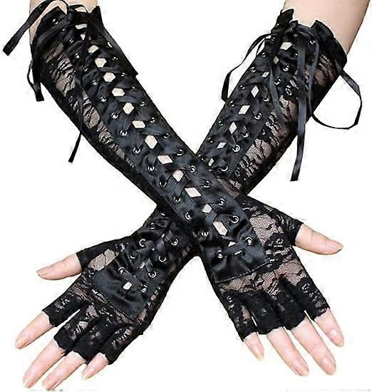 Women's Black Lace Elbow Length Gloves Lace Up Fingerless Gloves