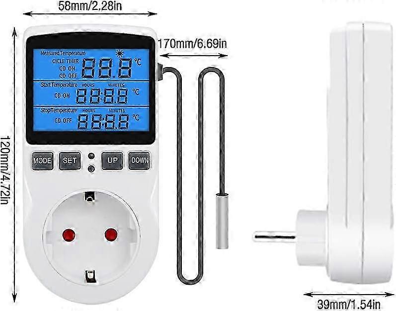 Digital thermostat socket, 230v temperature regulator with sensor, LCD screen temperature switch, heating cooling thermostat socket, day night timer t