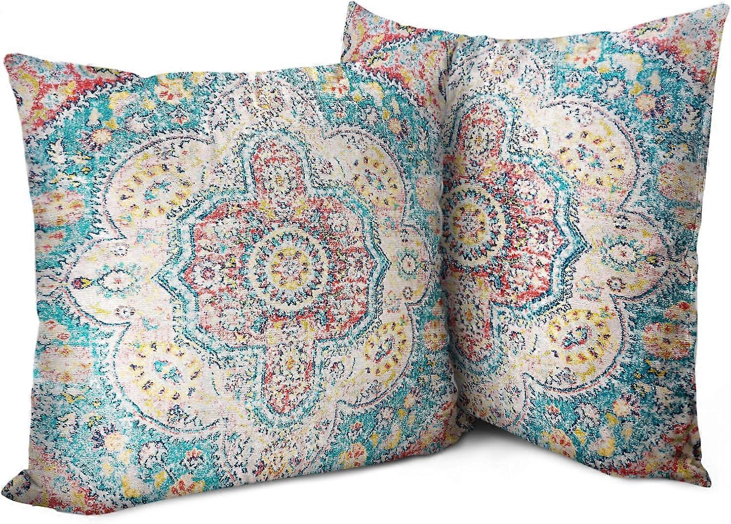 Boho Yastık Kılıfları 20"x20" 2'li Set Halı Pembe Mavi Vintage Atma Yastık Kılıfı Ev Dekorasyonu Koltuk Araba Oturma Odası için Yumuşak Kare Dekoratif Yastık Kılıfları