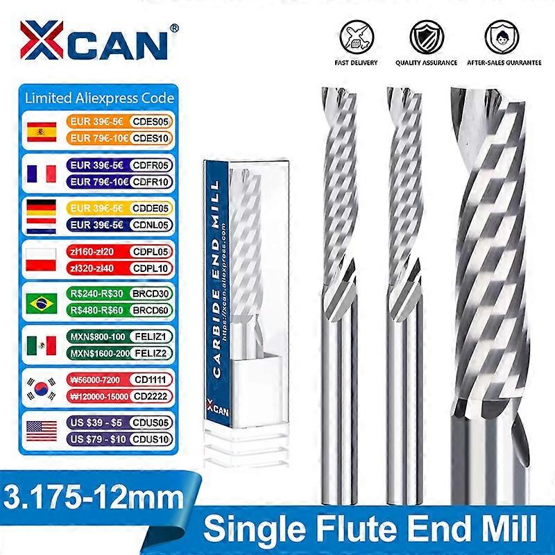 XCAN Milling Cutter AAAAA 3D CNC Router Bit 3175/4/6/8/10/12mm Single Flute Spiral Carbide End Mill 