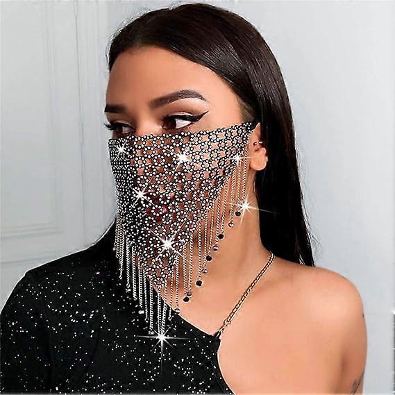 Bling Crystal Mesh Mask Black Tassel Face Chain Masquerade Masks With Crystal Pendant Evening Party Venetian Ball