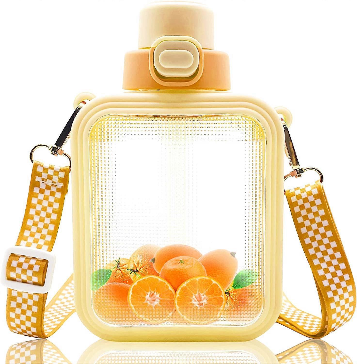 Kawaii Water Bottle, Square Water Bottles with Straw and Adjustable Strap, Portable Sports Bottle with Cartoon Sticker
