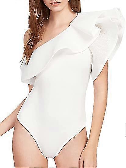 Women's One Shoulder Ruffle Mesh Puff Sleeve Snap Crotch Leotard Bodysuit